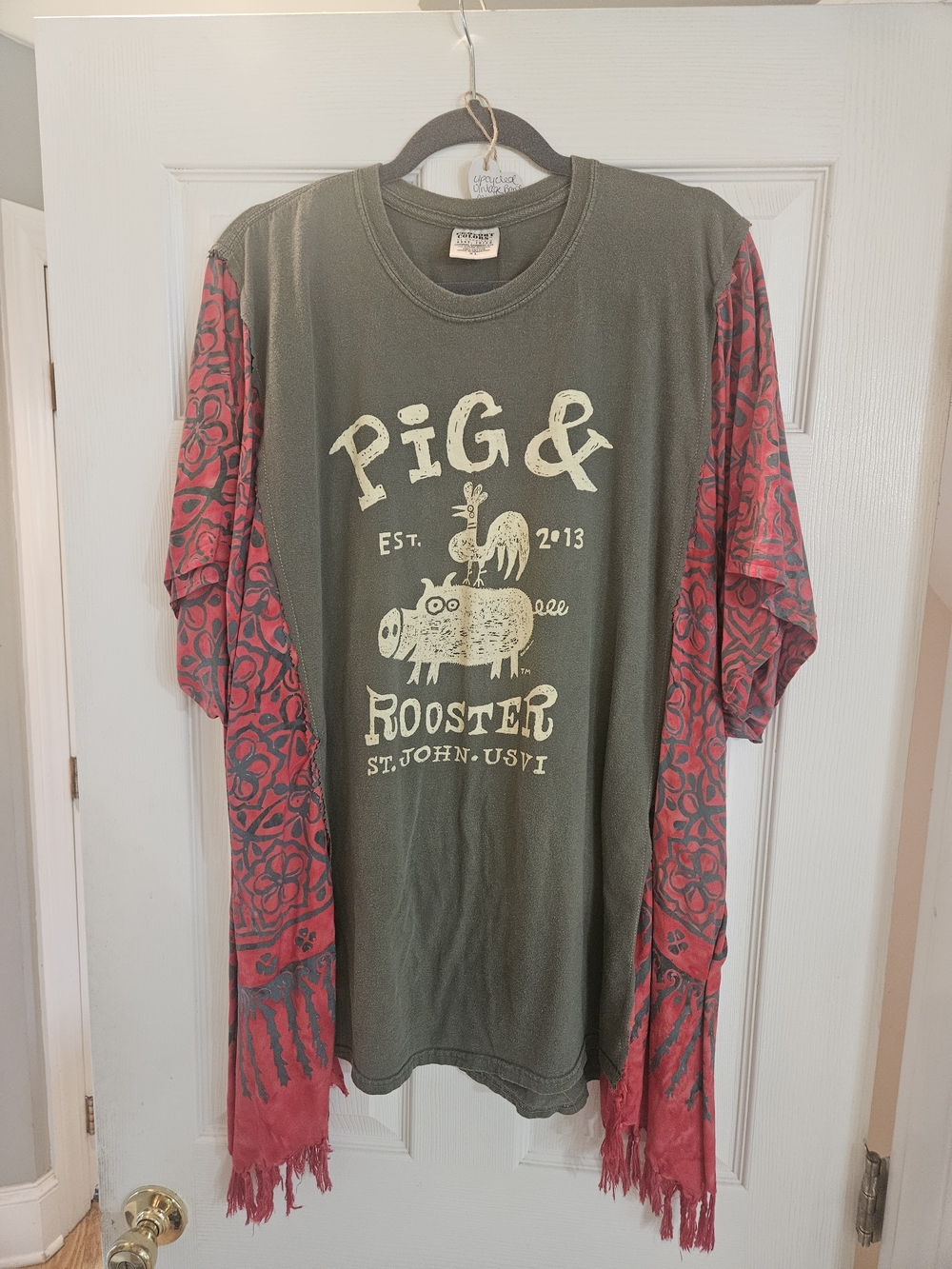 Upcycled Comfort Colors Olive Green Pig & Rooster Graphic Top Kimono